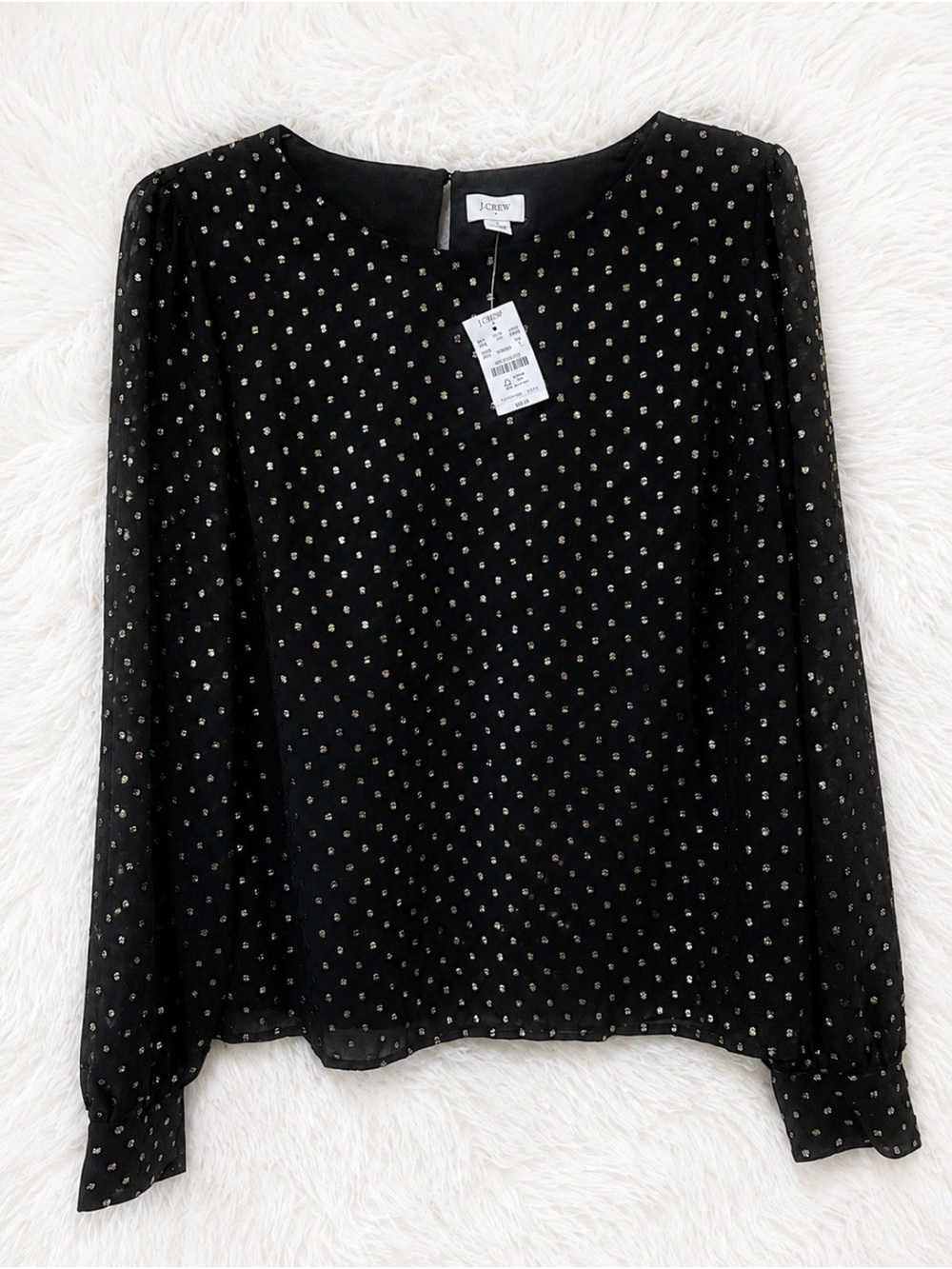 J.Crew Black Gold Metallic Dot Long Sleeve Blouse NWT Size Large